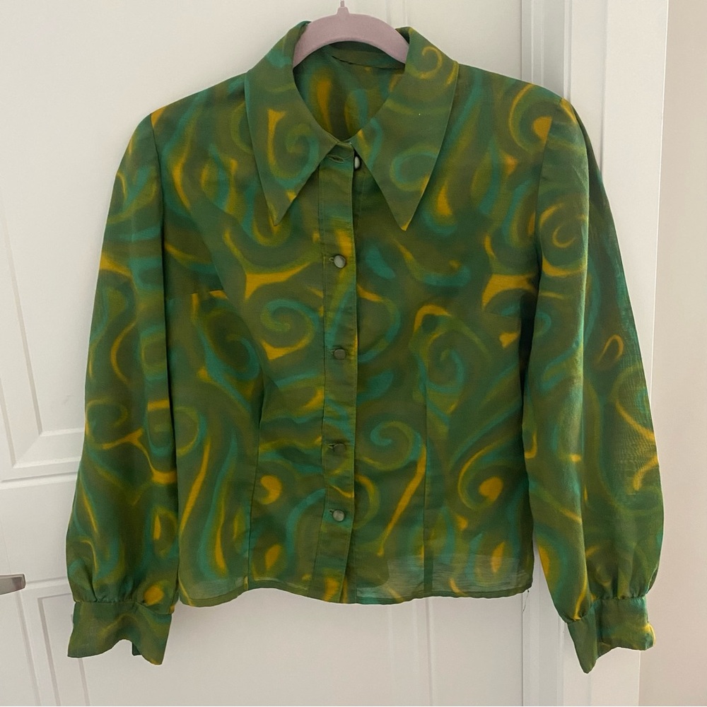 60s Authentic Vintage Green and Yellow Swirl Pattern Blouse Women’s Size Small